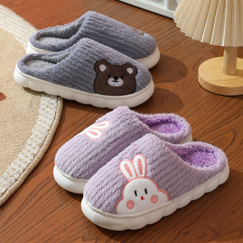 Cute Rabbit Striped Slippers For Women Thick-soled Indoor Couples Warm Winter Non-slip Home Slipper Plush Cotton Shoes - Snazzy Gear