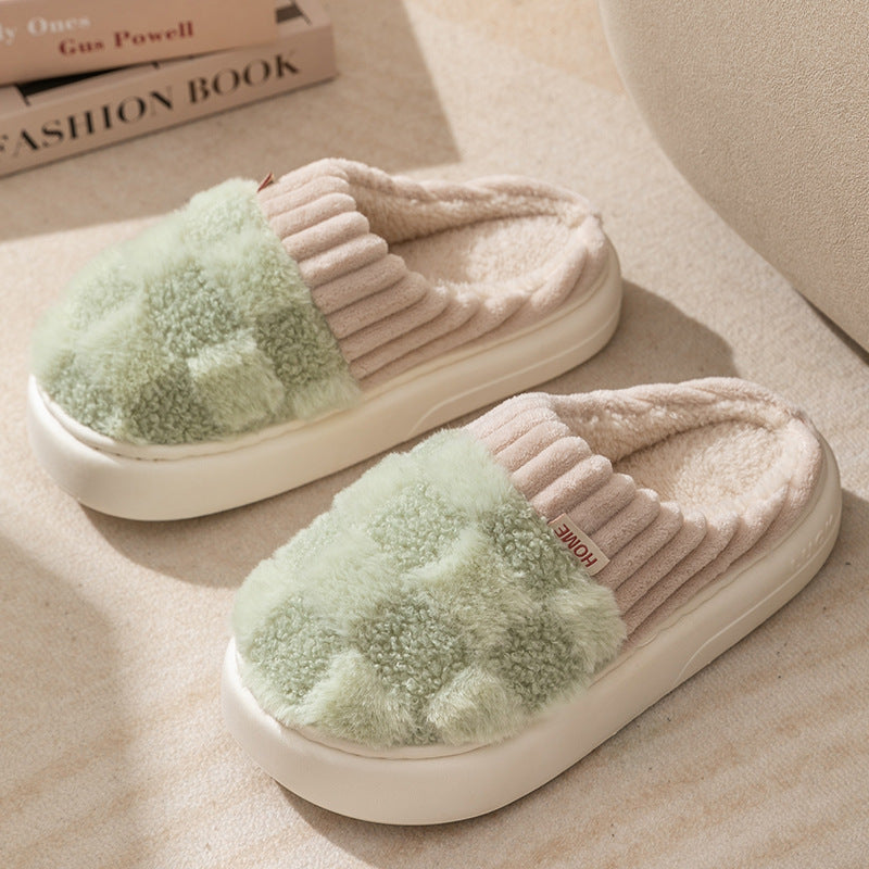 Plaid Plush Slippers Women's Indoor Plush Home Slippers Soft Sole Thick Non-Slip Warm House Shoes Couple Autumn And Winter - Snazzy Gear